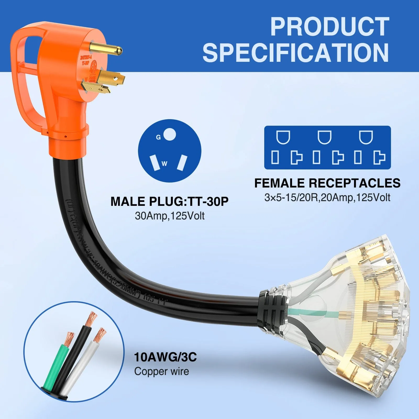 30 Amp to (3) 15/20 Amp TT-30P Male Plug to 5-15R/5-20R Female Receptacle