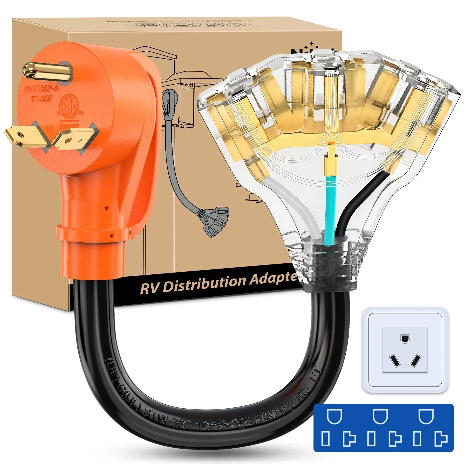 30 Amp to (3) 15/20 Amp TT-30P Male Plug to 5-15R/5-20R Female Receptacle