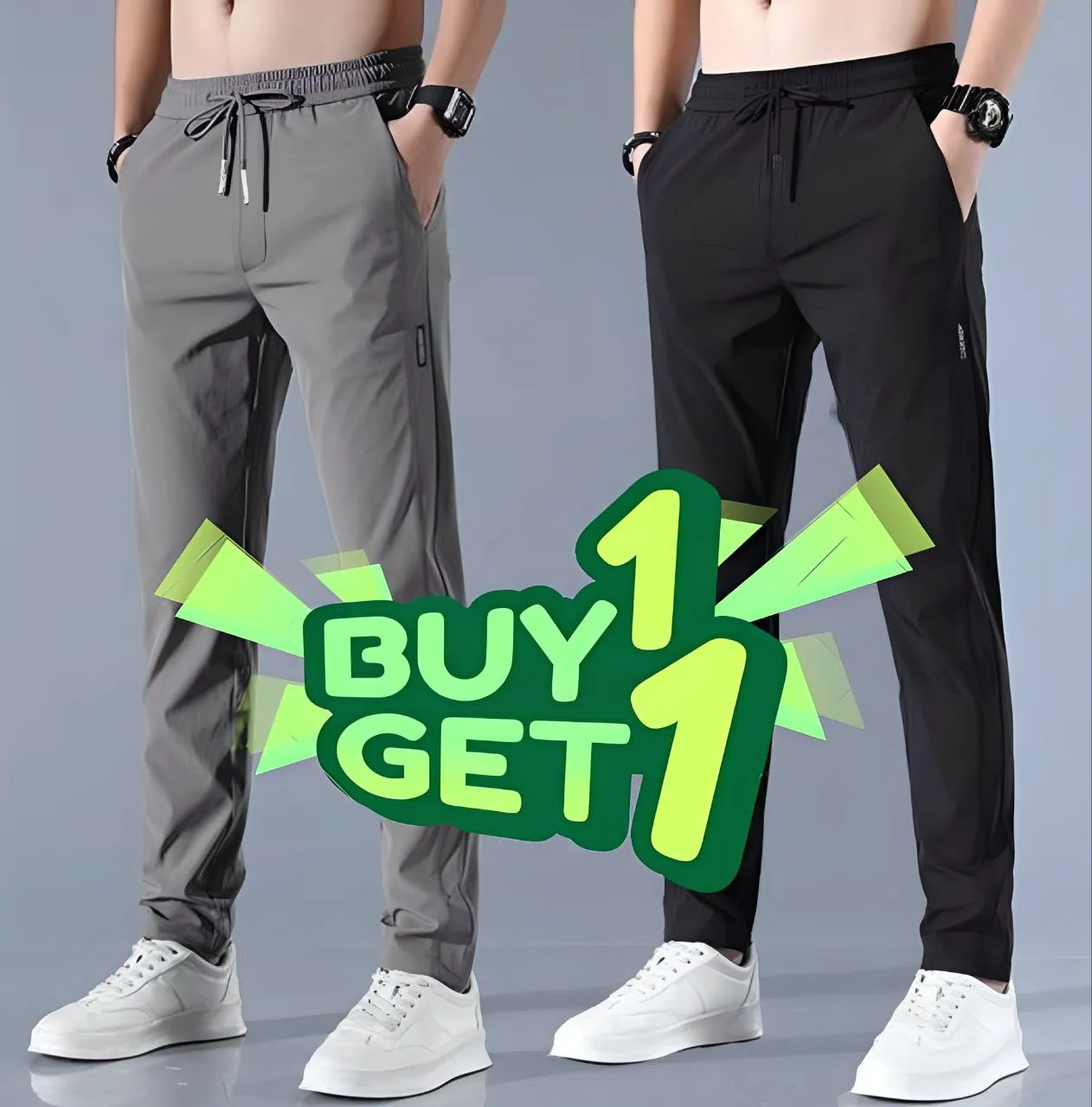 (Buy 1 Get 1 Free) Premium Men's High Stretch Skinny Lycra Pants (Black   Grey)