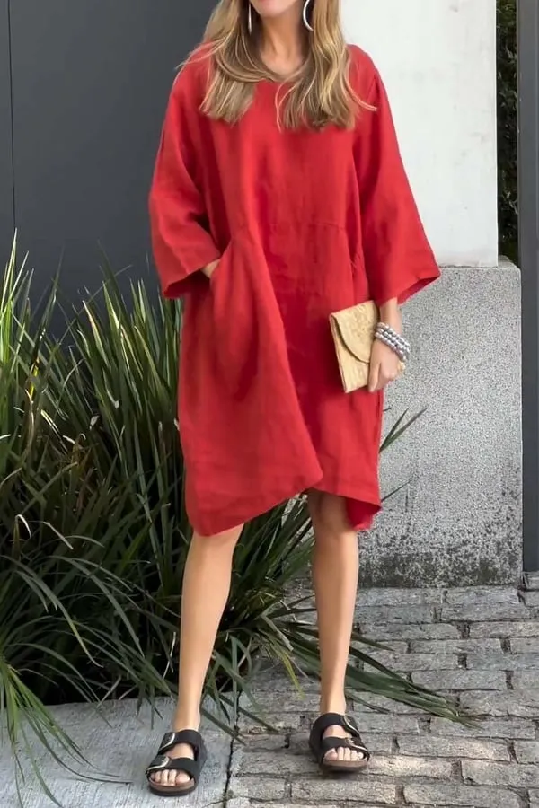 Buy 2 get free shippingCasual solid color cotton and linen dress