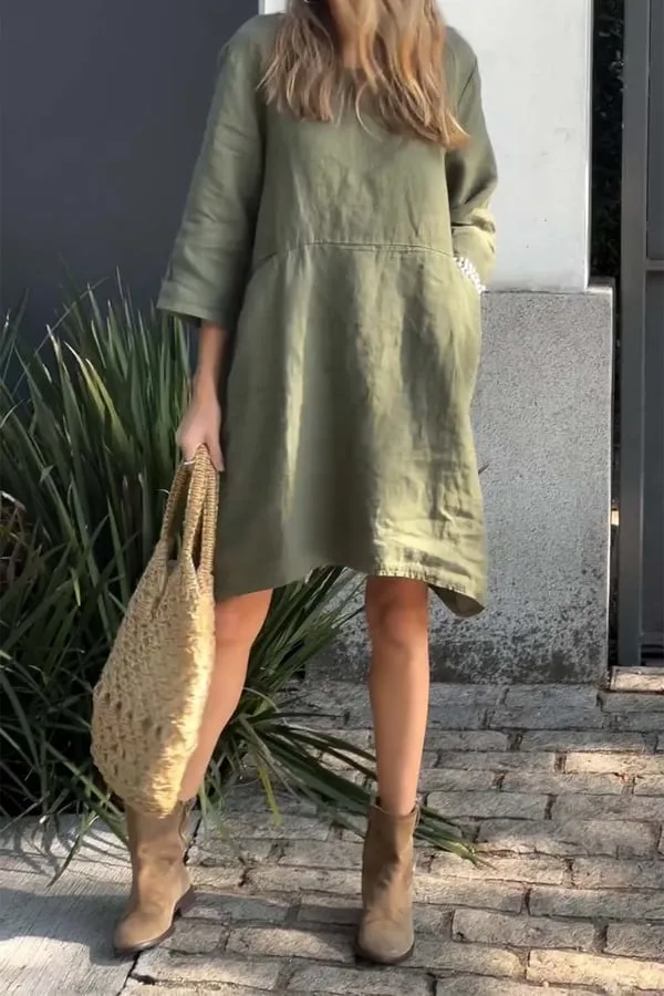Buy 2 get free shippingCasual solid color cotton and linen dress