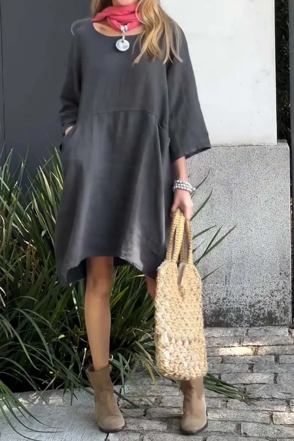 Buy 2 get free shippingCasual solid color cotton and linen dress