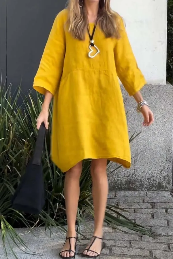 Buy 2 get free shippingCasual solid color cotton and linen dress