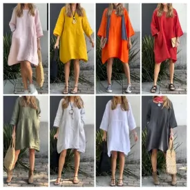 Buy 2 get free shippingCasual solid color cotton and linen dress