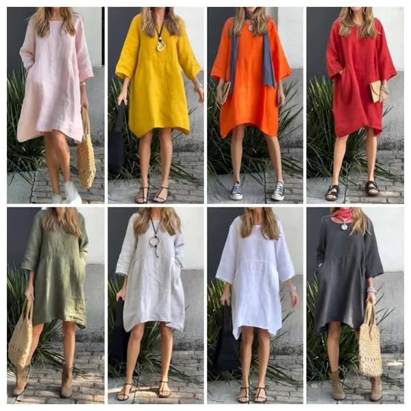 Buy 2 get free shippingCasual solid color cotton and linen dress