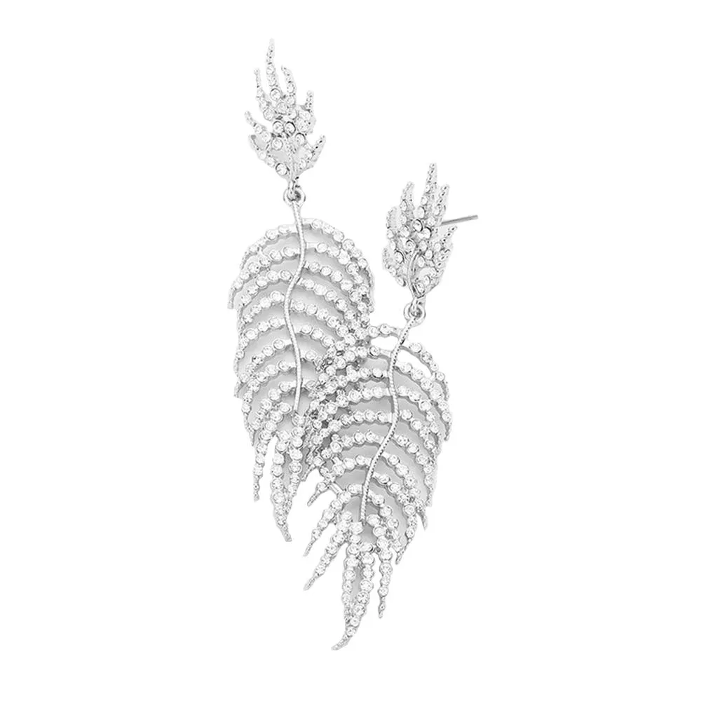Crystal Rhinestone Leaf Drop Evening Earrings