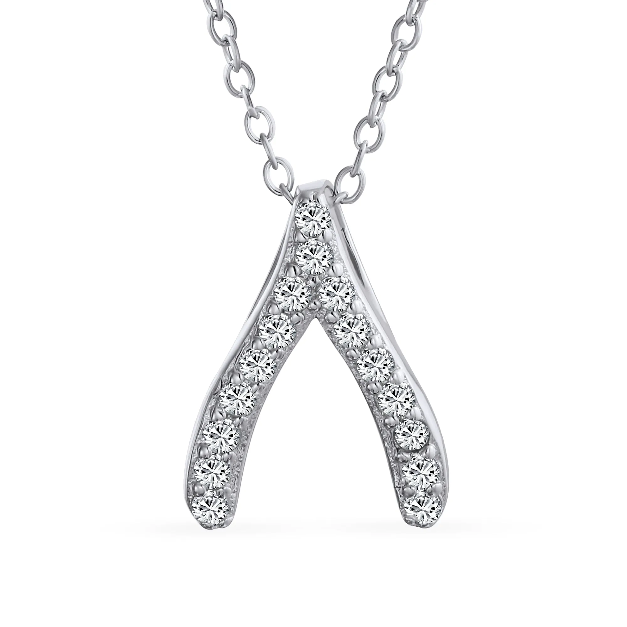 CZ Good Luck Wishbone Pendant Necklace Rose Gold Plated .925 Sterling Silver