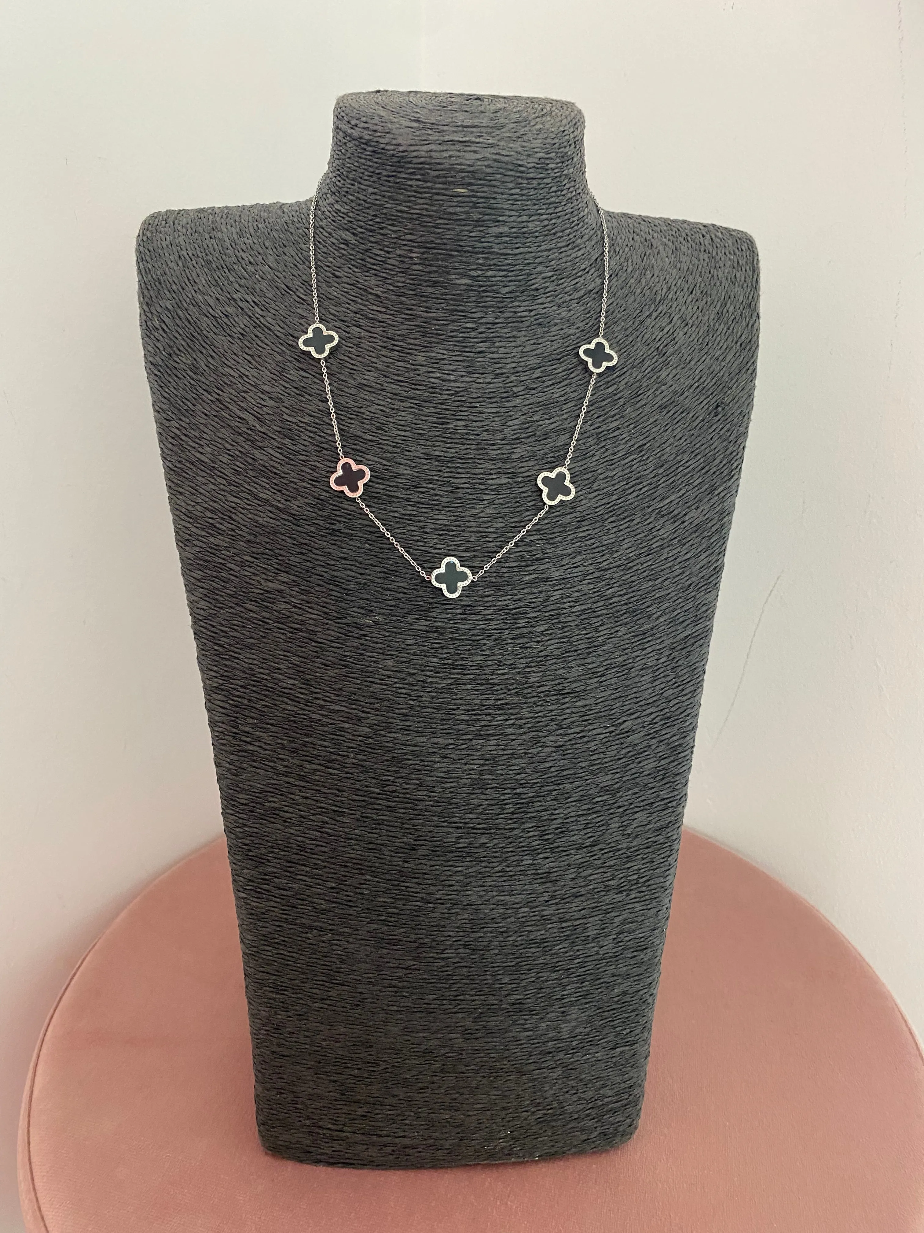 Multi Clover Necklace - Silver & Black