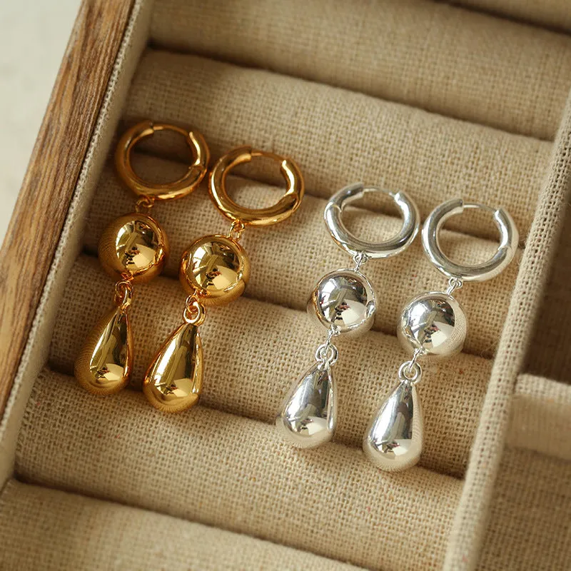 Teardrop Gold Ball Drop Hoop Earrings